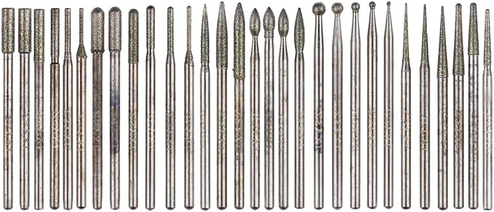 Yakamoz 30Pcs 2.35mm Shank Titanium-Coated Diamond Burrs Set Rotary File Burs Accessories Kit for Rotary Grinder Tools Grinding Polishing Carving Stone Jewelry Glass Ceramics