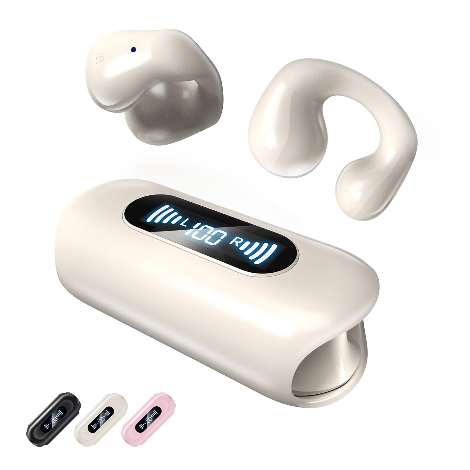 i20mini Open Ear Clip on Earbuds Wireless Bluetooth Headphones 28HRS Playtime Sports Ear Buds for Small Ears Comfort glasses wearers Workout Driving Meeting (White)