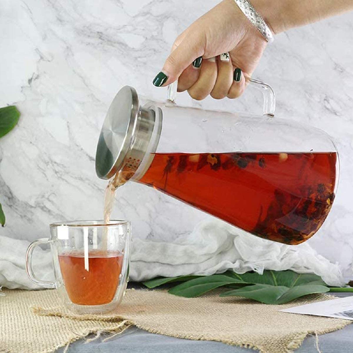 Arvekha 1.8 Liter 61oz Glass Pitcher with Lid, Easy Clean Heat Resistant Glass Water Carafe with Handle for Hot/Cold Beverages - Water, Cold Brew, Iced Tea & Juice (1 Pc) 4