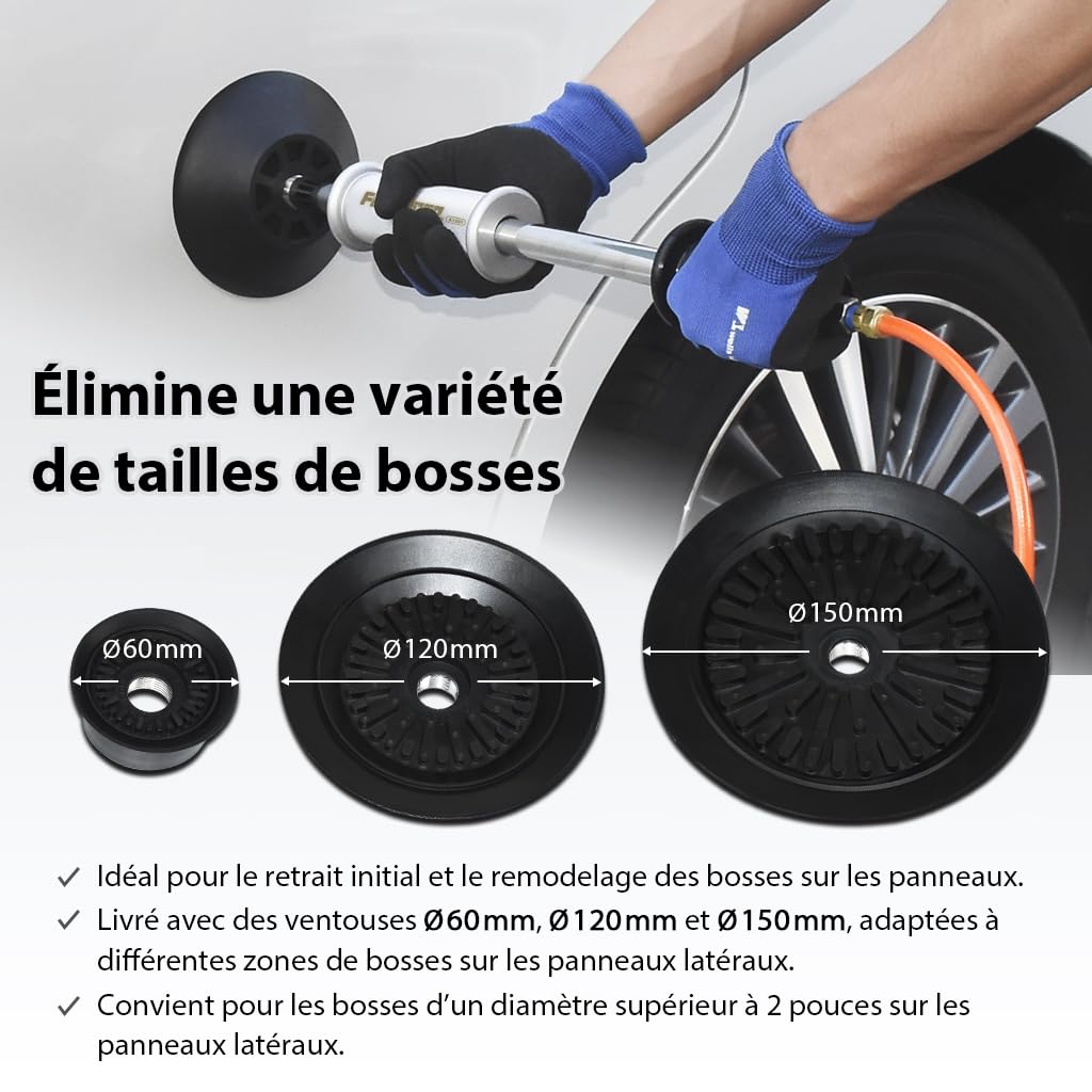 FIRSTINFO Marteau à Inertie Pneumatique Débosselage 3 Ventouses | Kit complet 20 pastilles+colle, valve laiton, 70-170 PSI, idéal grêle et bosses portière, garantie 12 mois, réf. A1501EUY1