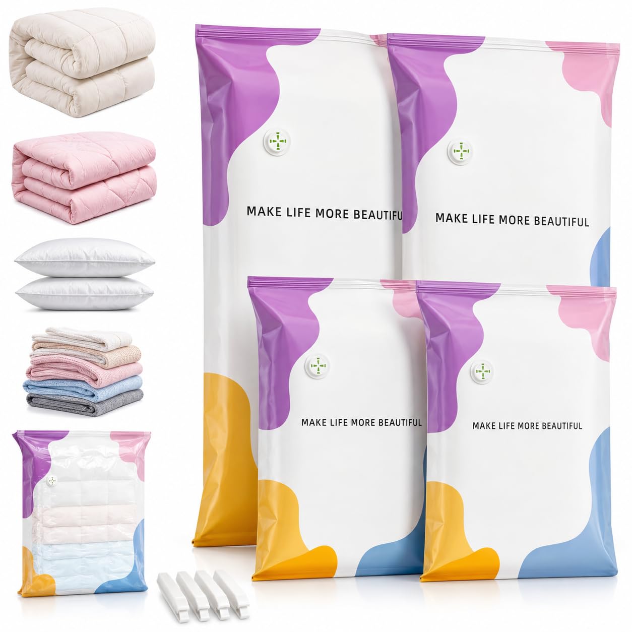 Wonsoso No Pump Vacuum Storage Bags 4 Pack Press & Seal Space Saver Bags