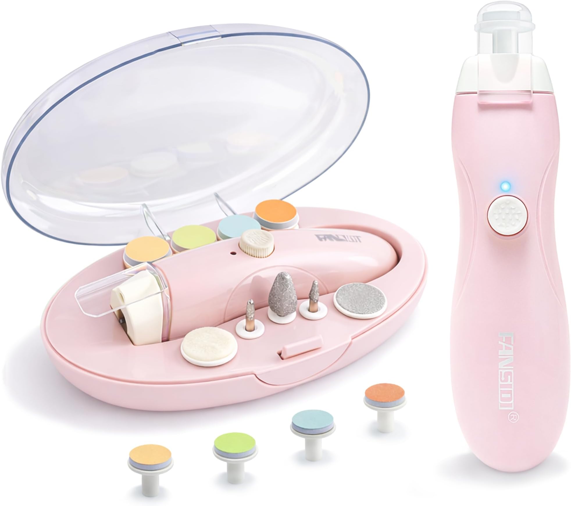 Fansidi Rechargeable Baby Nail Trimmer with Stepless Speed Control, Safe Electric Baby Nail File for Newborns, Infants & Toddlers, 8100RPM, LED Light, Dust Shield, Adult Nail Care Set,Warm Blush Pink
