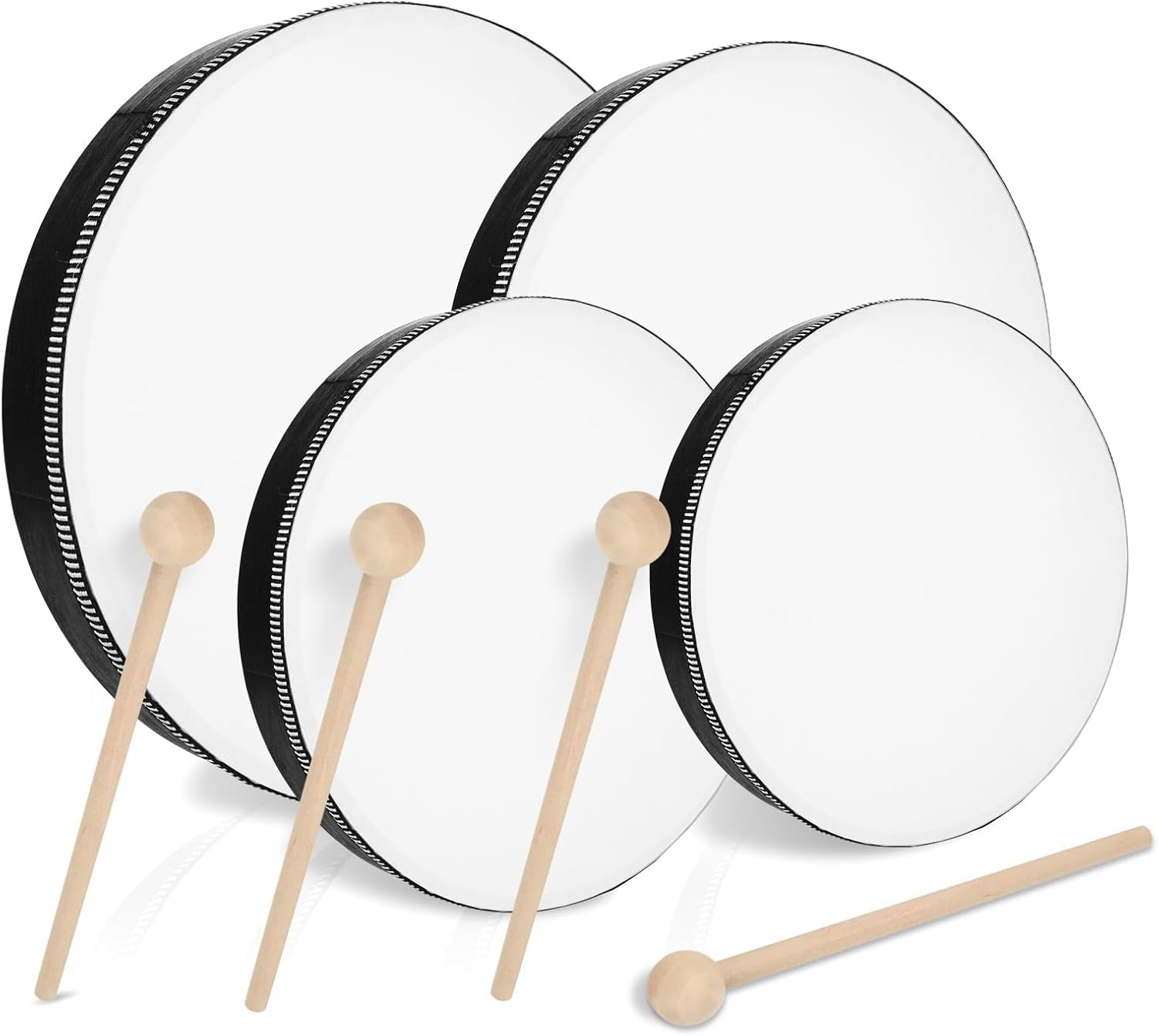 MIVIDE 4 Stück Handtrommel mit Schlägel, Tamburin Trommel, Tambourin Percussion, Holz Handtrommel Set für Party, Leistungen(4zoll, 6zoll, 8zoll und 10zoll)