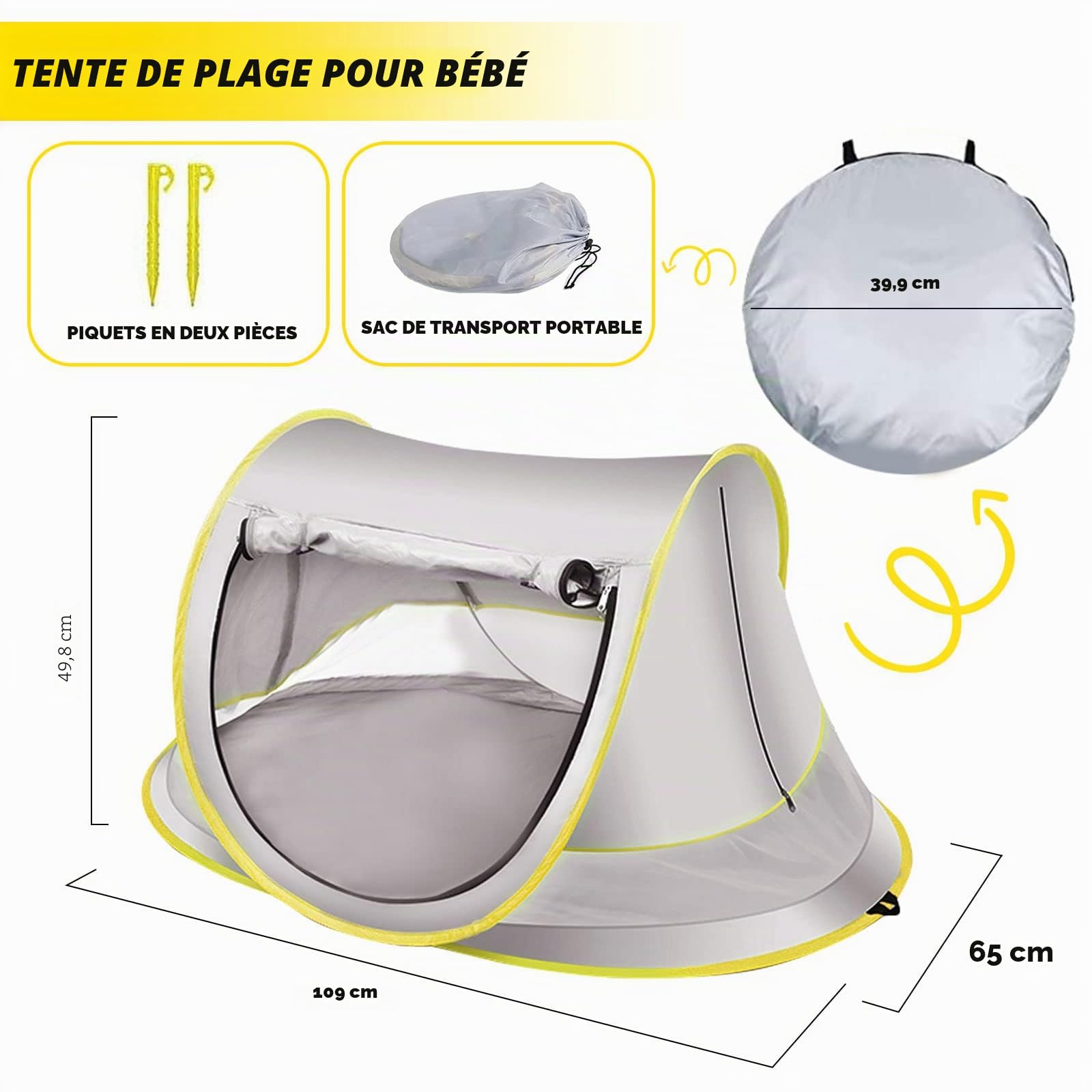 Tente Anti-UV Bébé, Tente de Plage Pop up Bébé Portable Abri de Plage Pliable, Protection UV UPF 50+, avec Tente de Plage Pliante Portable pour Famille Plage, Jardin, Camping (Gris)