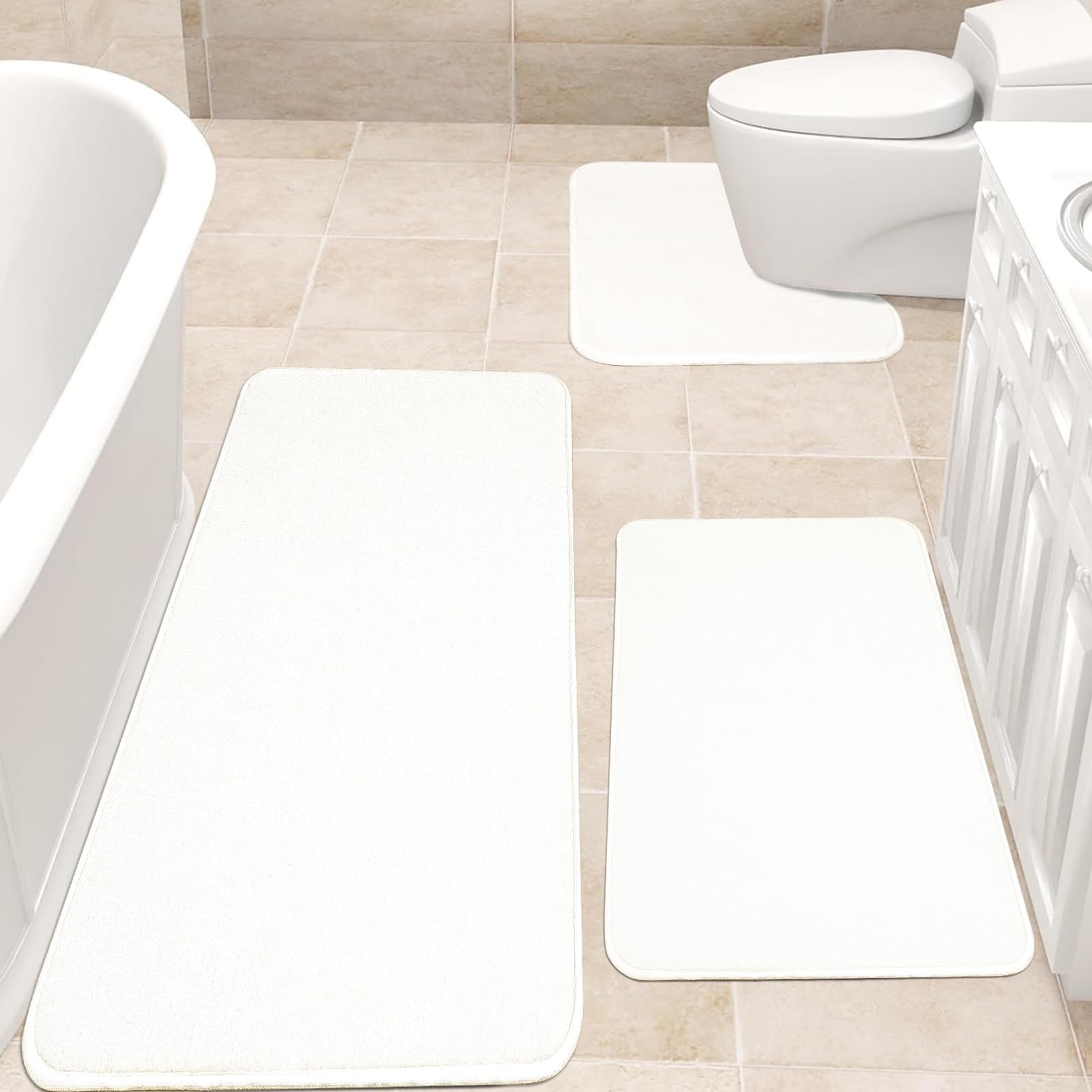 Rururug Badezimmerteppich Set 2 Teilig, Weiche Mikrofaser Badezimmermatte und wc Vorleger mit Ausschnitt, rutschfeste Badematte, Waschbar Badvorleger Set Weiß, 50x80+50x40 cm