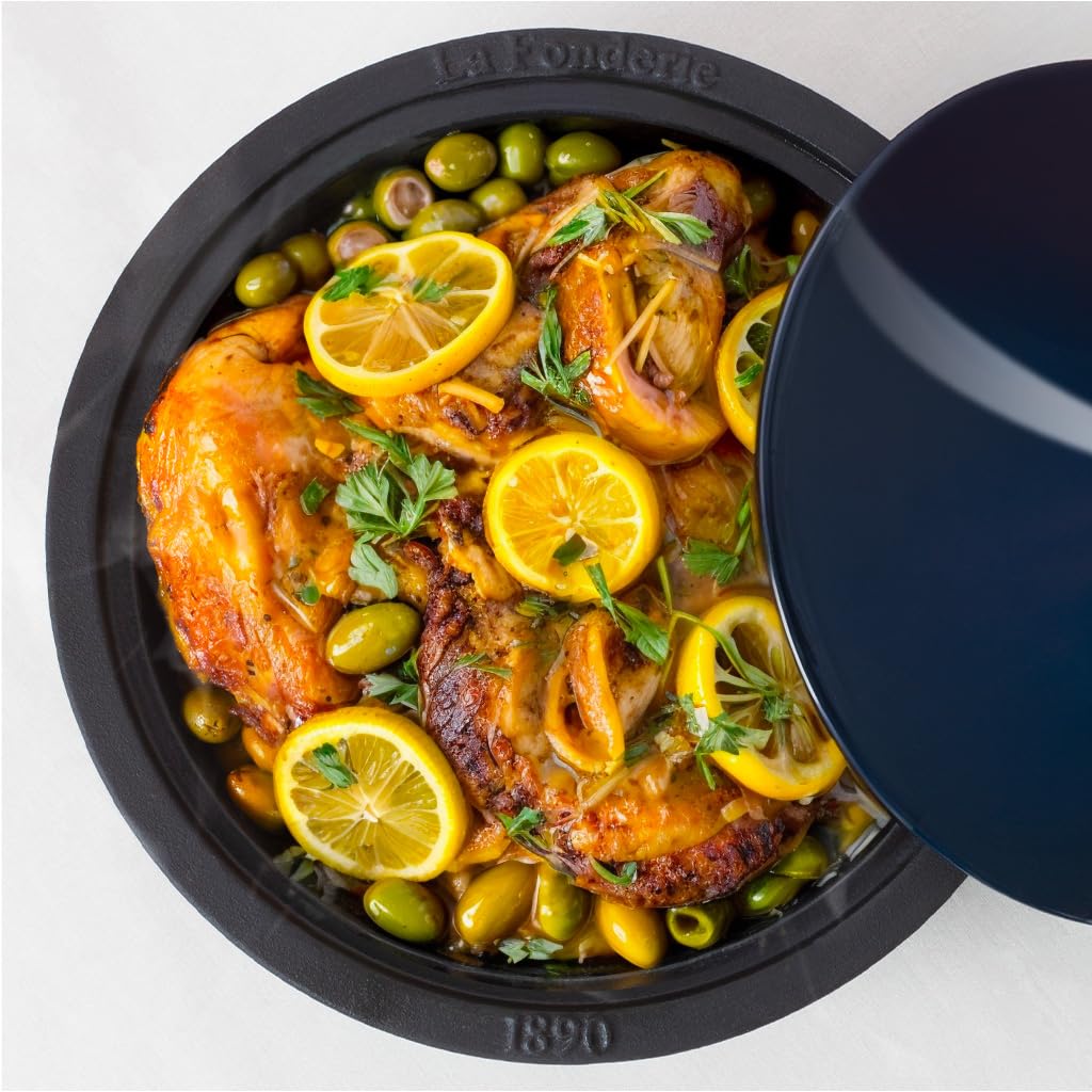 Tajine aus emailliertem Gusseisen TINGHIR, Schüssel, Deckel, Tajines und Couscous, Kapazität 2,5 L, Blau