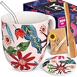 Yang Chai Jumbotasse 900ml, Tee Tasse groß aus Knochen Porzellan, XXL Tasse Geschenkset 6-teilig mit Untersetzer, Papier Teefilter, Glas Strohhalm, Großer Trinkbecher für Tee und Kaffee YC Sunflower