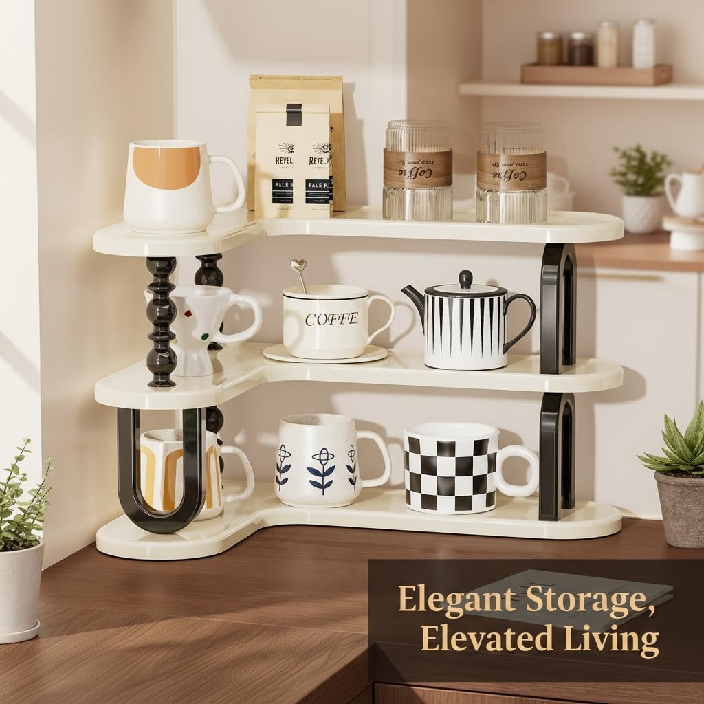Multi-Functional Right-Angle Kitchen Cup Storage Rack, Drainable Cup Holder with Tea Bag and Coffee Organizer Shelf for Water, Tea, Coffee Cups