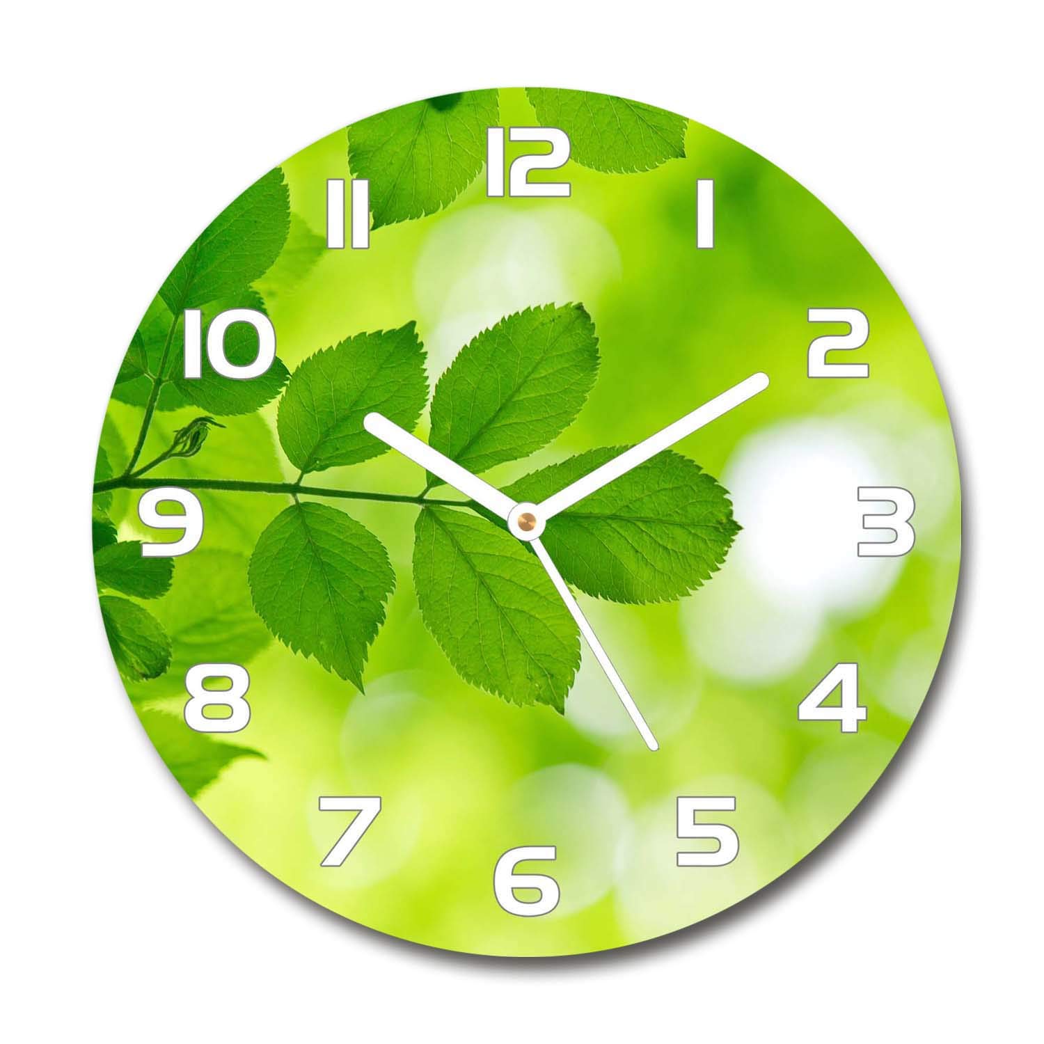 Horloge en verre 60x60cm Tulup à aiguilles blanches et motif feuilles vertes
