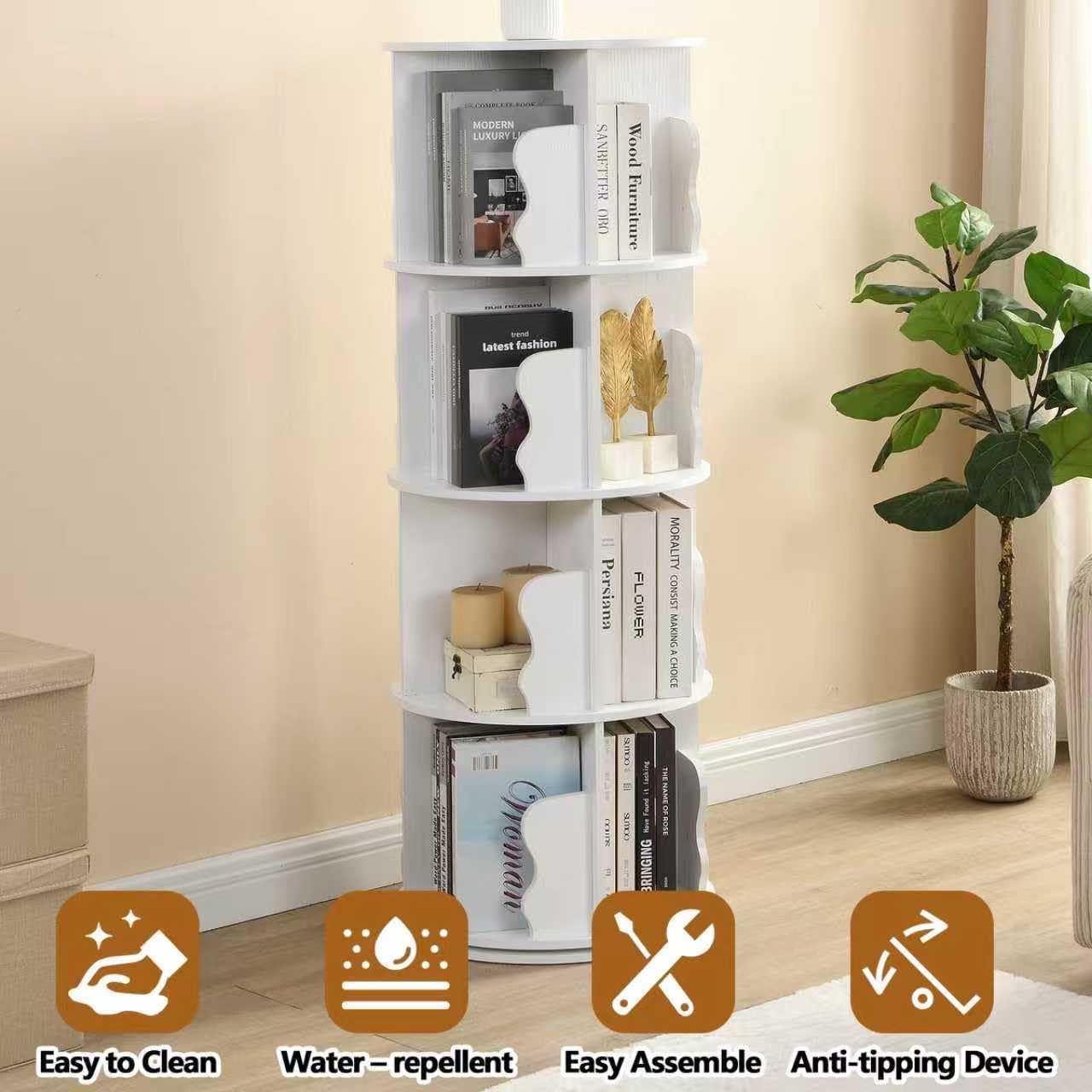 White Rotating Bookshelf Tower, 360° Revolving Bookcase, Round Bookshelf Lazy Susan, 4 Tier Spinning Book Shelf Storage Organizer for Kids Rooms Bedroom Living Room Office, Open Bookshelves, Wooden
