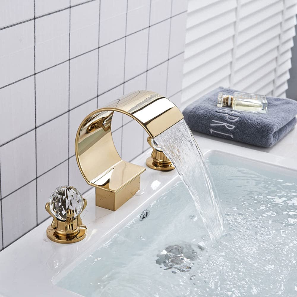 Robinet de salle de bain chaud et froid double poignée trois trous avec cristal et finition dorée