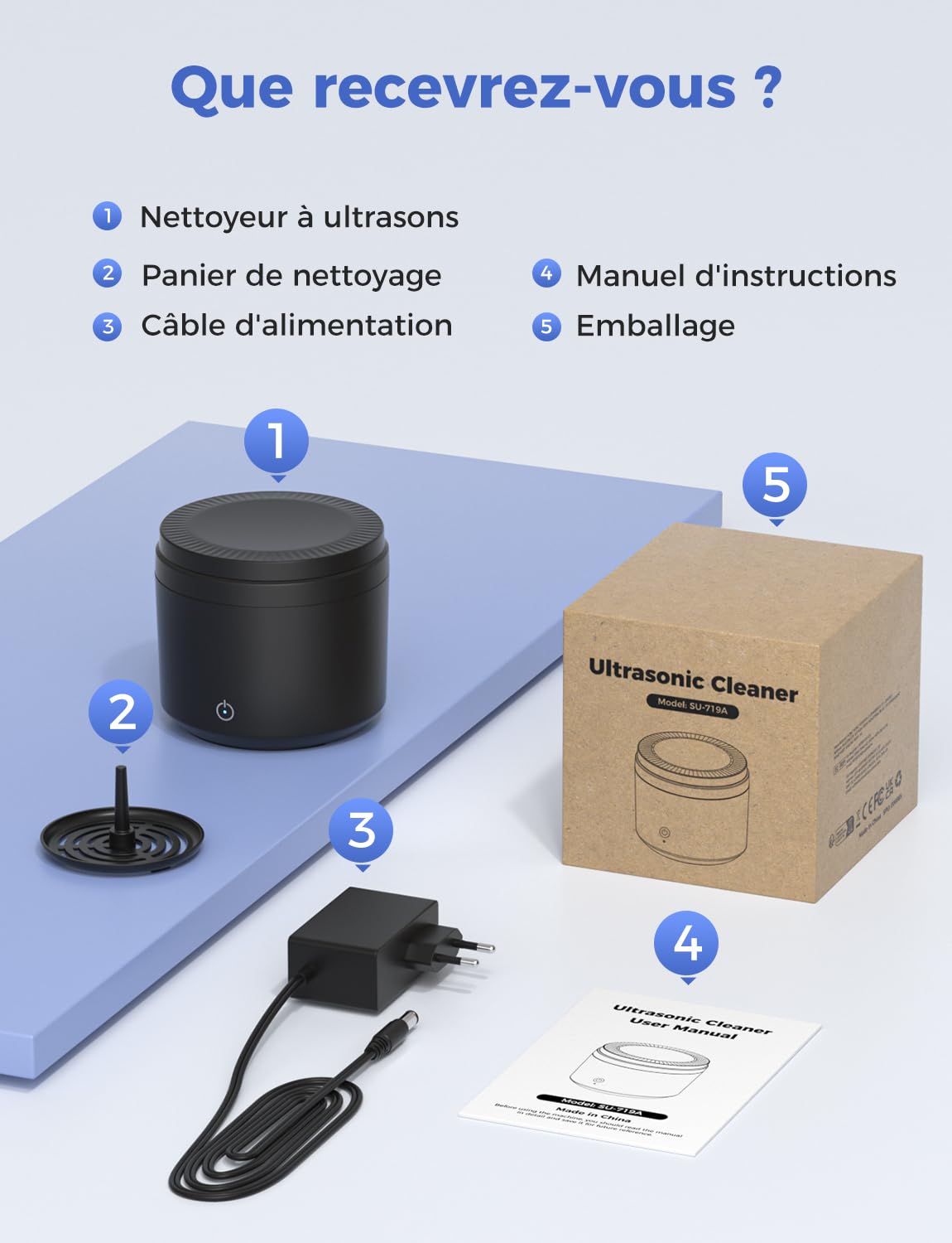 Nettoyeur Ultrasons Ultrasonic Cleaner 48000Hz 200ml avec Lampe UV Dentaire Noir