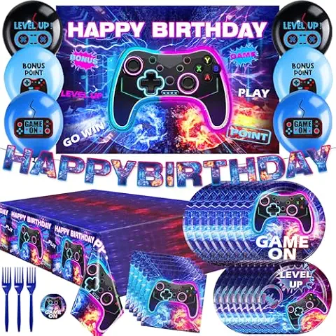 Cocomigo 116pcs Gamer Birthday Party Decorations, Video Game Birthday Decorations Include Video Game Balloons Table Cloth Plates Gamer Birthday Banner Video Game Party Decorations for Boys Cover