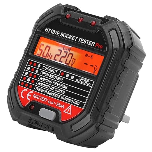 Circuit Tester, HT107E Socket Outlet Tester, Receptacle Tester, Accurate LCD Display Circuit Polarity Voltage Detector, for Power Socket Wiring Detection, UK Plug 90‑250V