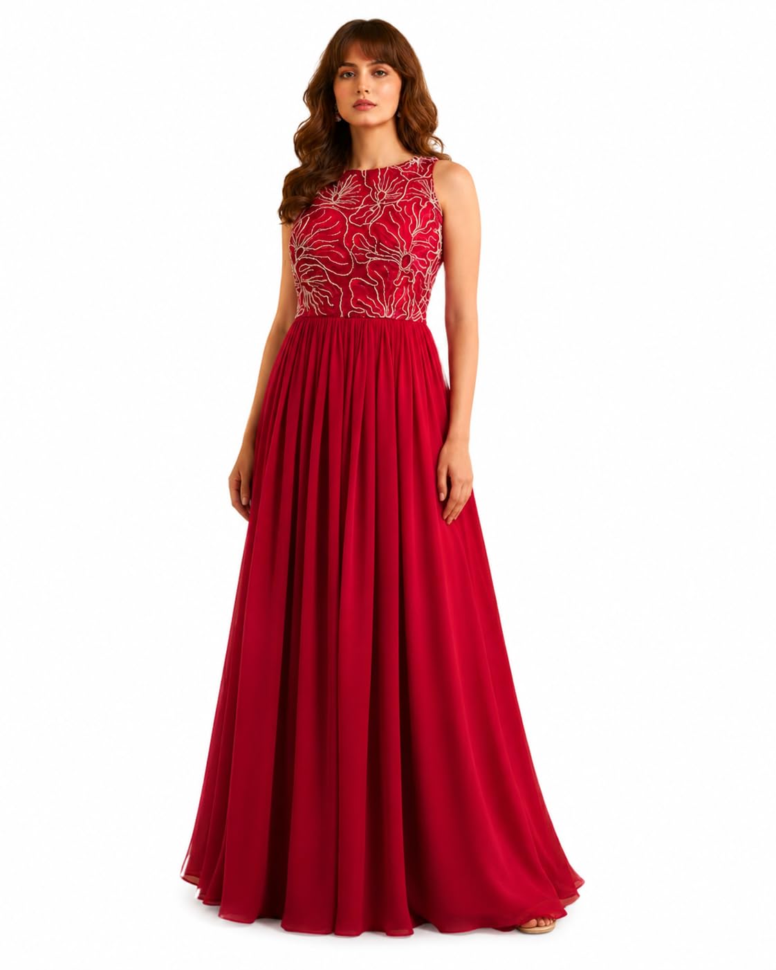 Red Silk Blend Thread Embroidered with Beads Work Ethnic Flared Gown-image-46