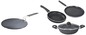 Prestige Omega Deluxe Granite 3 Pcs with 1 Glass Lid & Hard Anodised Plus Cookware Induction Base Roti Tawa, 225mm, Black Combo