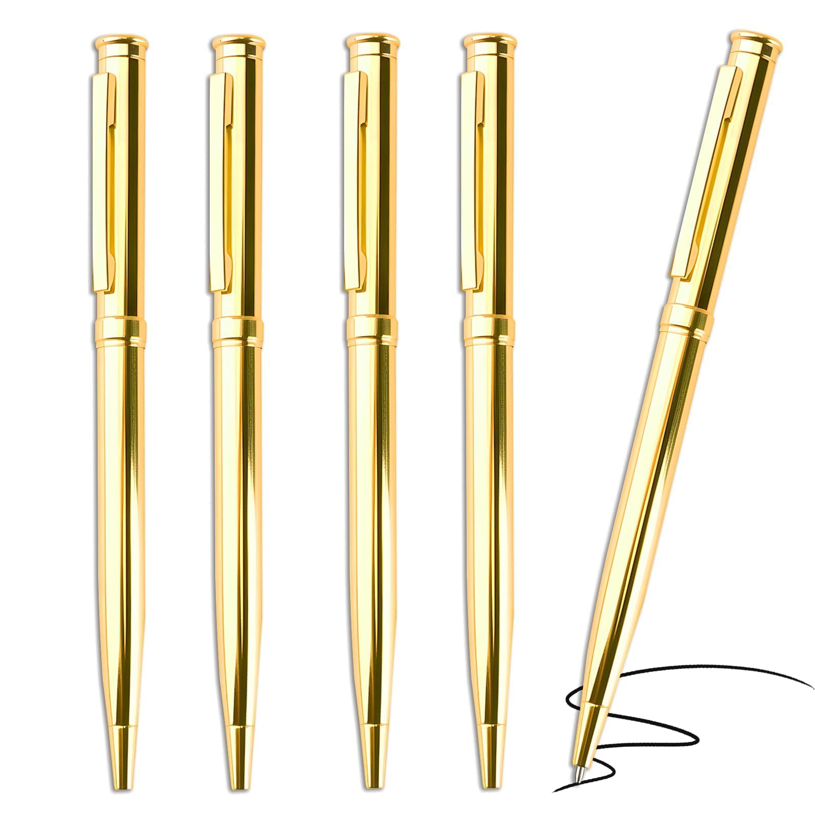 5Pcs Quality Luxury Metal Ballpoint Writing Pens, 1.0mm Black Gel Ink Rotary Retractable Business Slim Pen with Steel Clip for Christmas Colleague Office Teacher Student Hotel Wedding Gift (Gold)