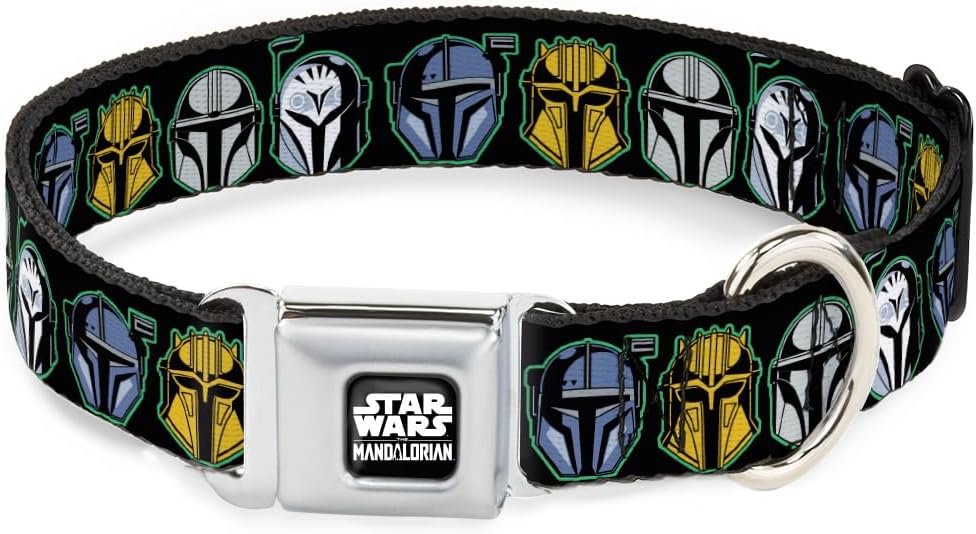 Star Wars Easy Adjustable Metal Seatbelt Buckle Quick Release Dog Collar, The Mandalorian Helmets, 11 to 16.5 Inches 1.0 Inch Wide-Medium