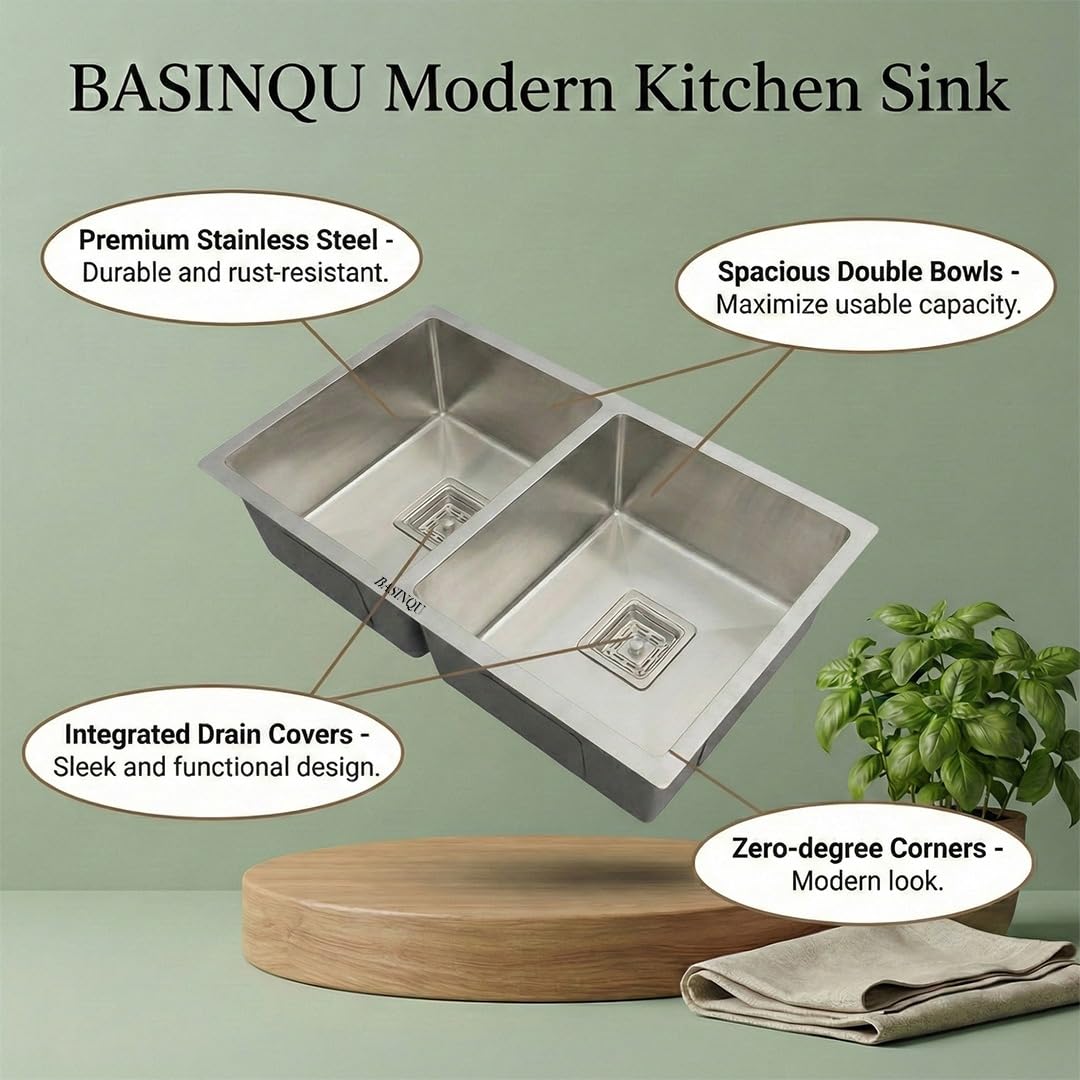 BASINQU BASINQU Kitchen Sink 45x20x10 Inch Handmade Double Bowl Sink for Kitchen Basin 304 Grade Stainless Steel Sink Brushed Matte Finish Including Coupling Fruit Tray Hose Pipe Kitchen Basin Sinks 1