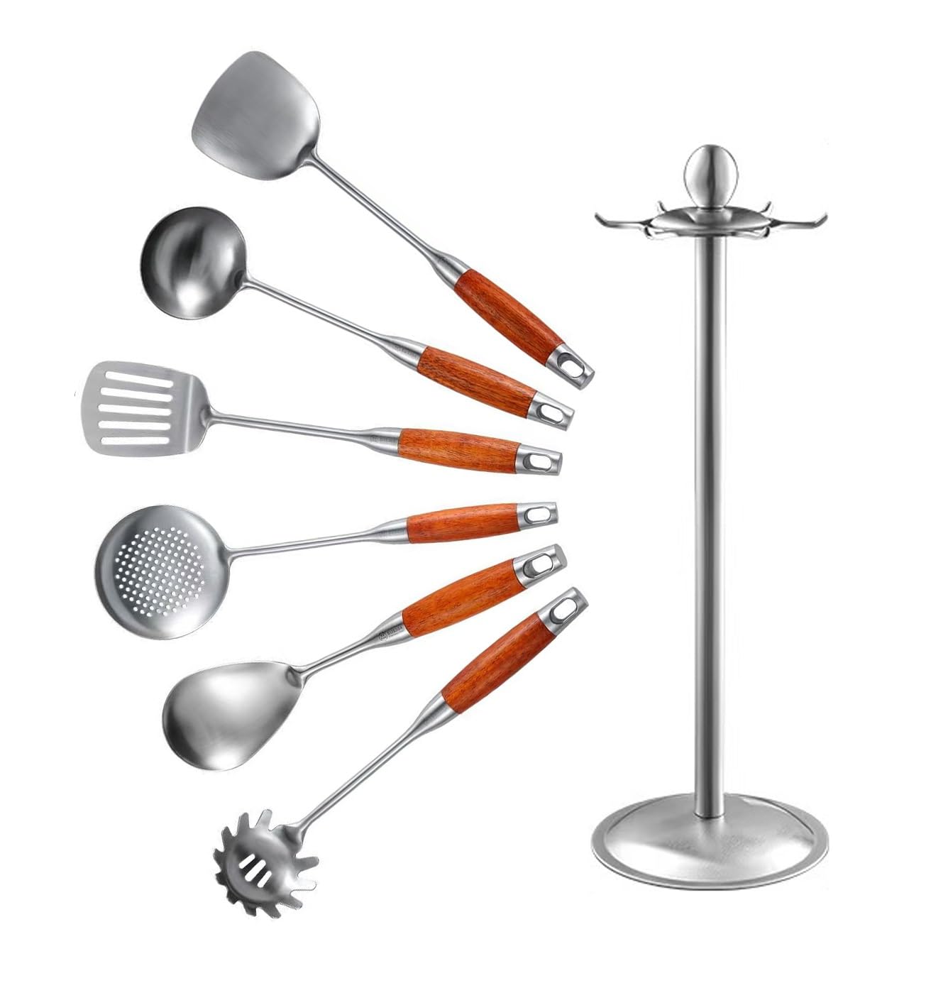 7-teiliges Küchenhelfer-Set mit Edelstahl und wärmeisoliertem Holzgriff für effizientes Kochen