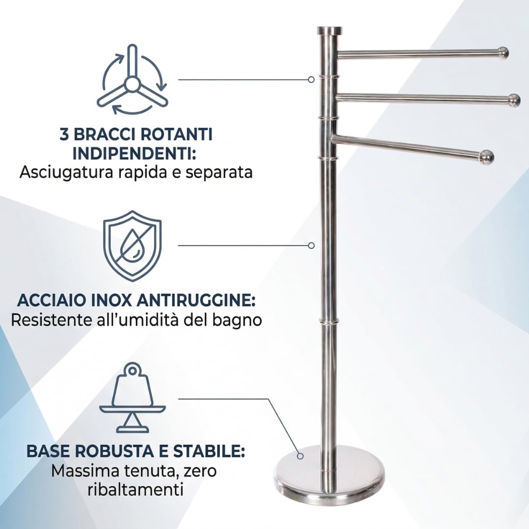 Piantana Portasciugamani da Terra in Acciaio con 3 Bracci Rotanti - Porta Salviette Bagno Salvaspazio Stabile e Antiruggine - Design Moderno in Argento Satinato 87x37x22 cm