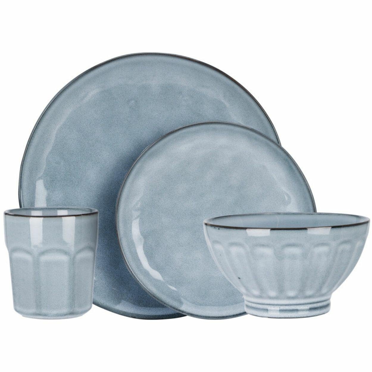 Tafelservice Geschirrset Set für 4 Personen 16 teilig Steingut Teller Tassen Schalen blau reaktive Glasur modern natürlich