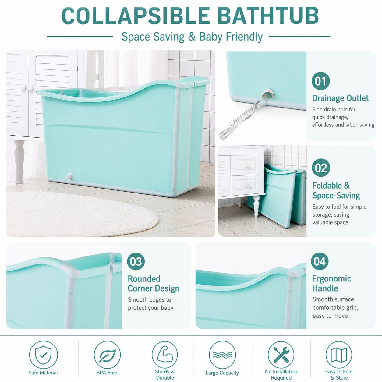 Vasca D'Acqua Mobile, Vasca Da Bagno Pieghevole Indipendente, Rettangolare Portatile Ad Alta Capacità Per Adulti Bambini Animali Domestici Grandi Green-C