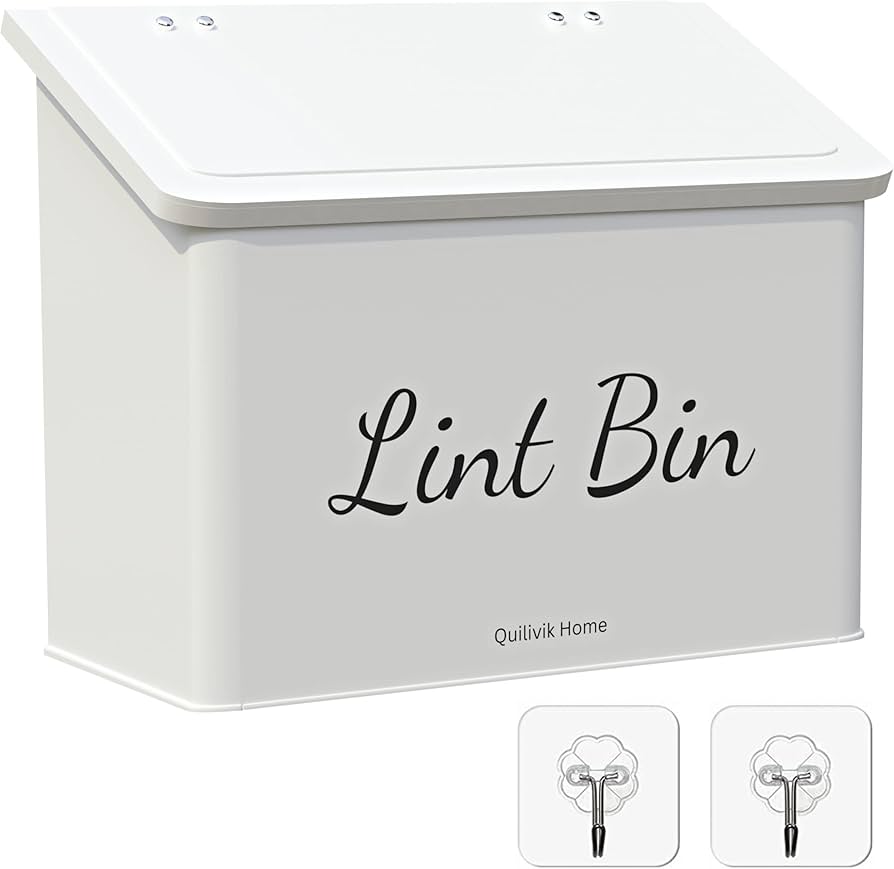 Metal Magnetic Lint Bin for Laundry Room Decor - Wall Mount Lint Box with Lid - Farmhouse Lint Holder Bin for Dryer with Hooks -Minimalistic Lint Bin Sign (Glossy White)