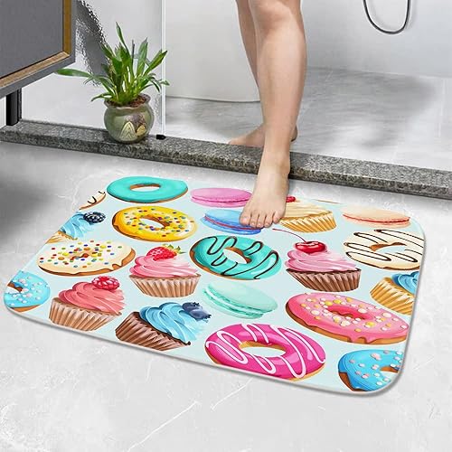 Miniatura 6 de Alfombra de baño de terciopelo coral con deliciosos cupcakes de postre, bocadillos, donas, tapete de baño antideslizante para decoración de baño,
