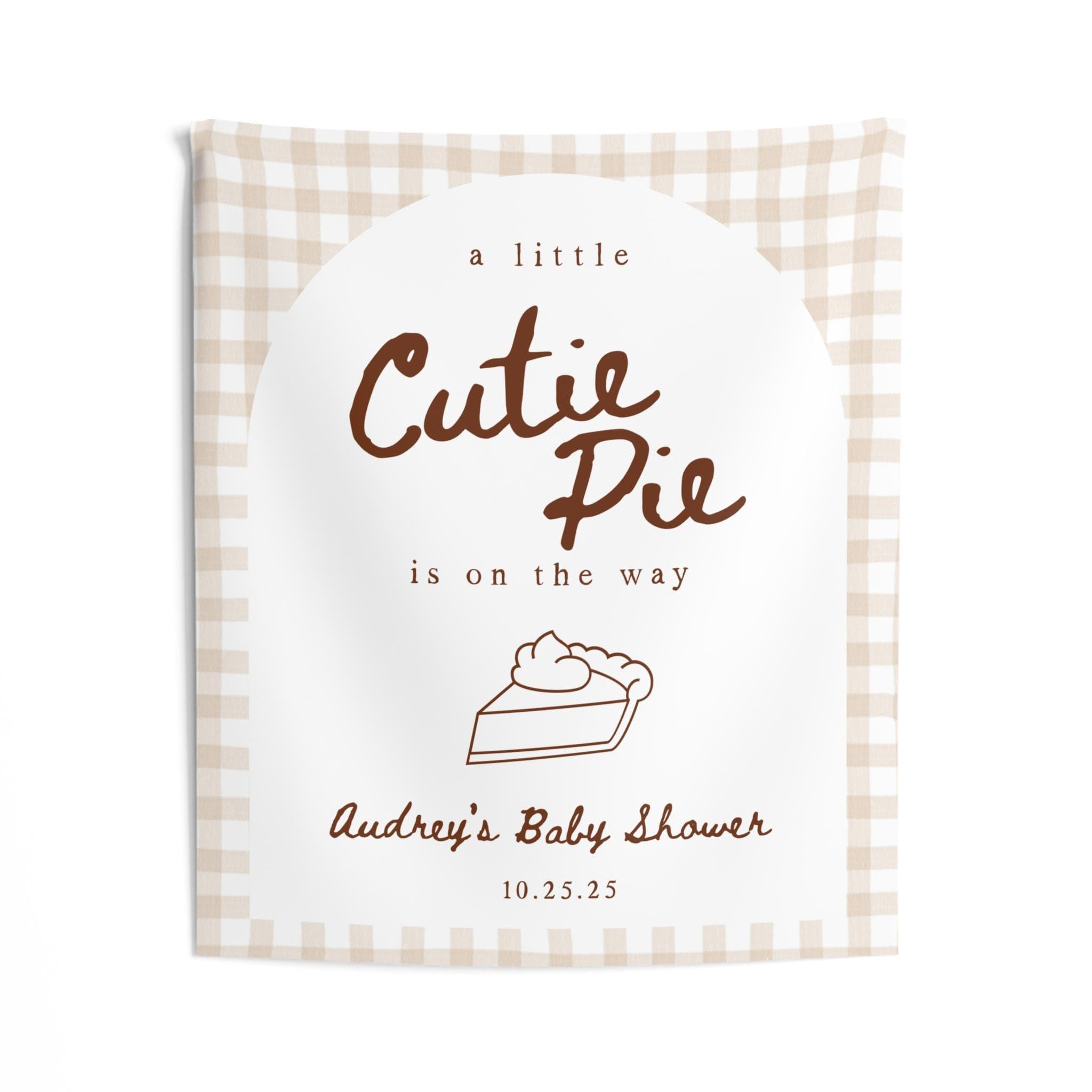 A Little Cutie Pie Baby Shower Tapestry, Fall Baby Shower Backdrop, Personalized Elegant Party Decoration Welcome Tapestry, Brown Gingham Party Celebration Decor Banner