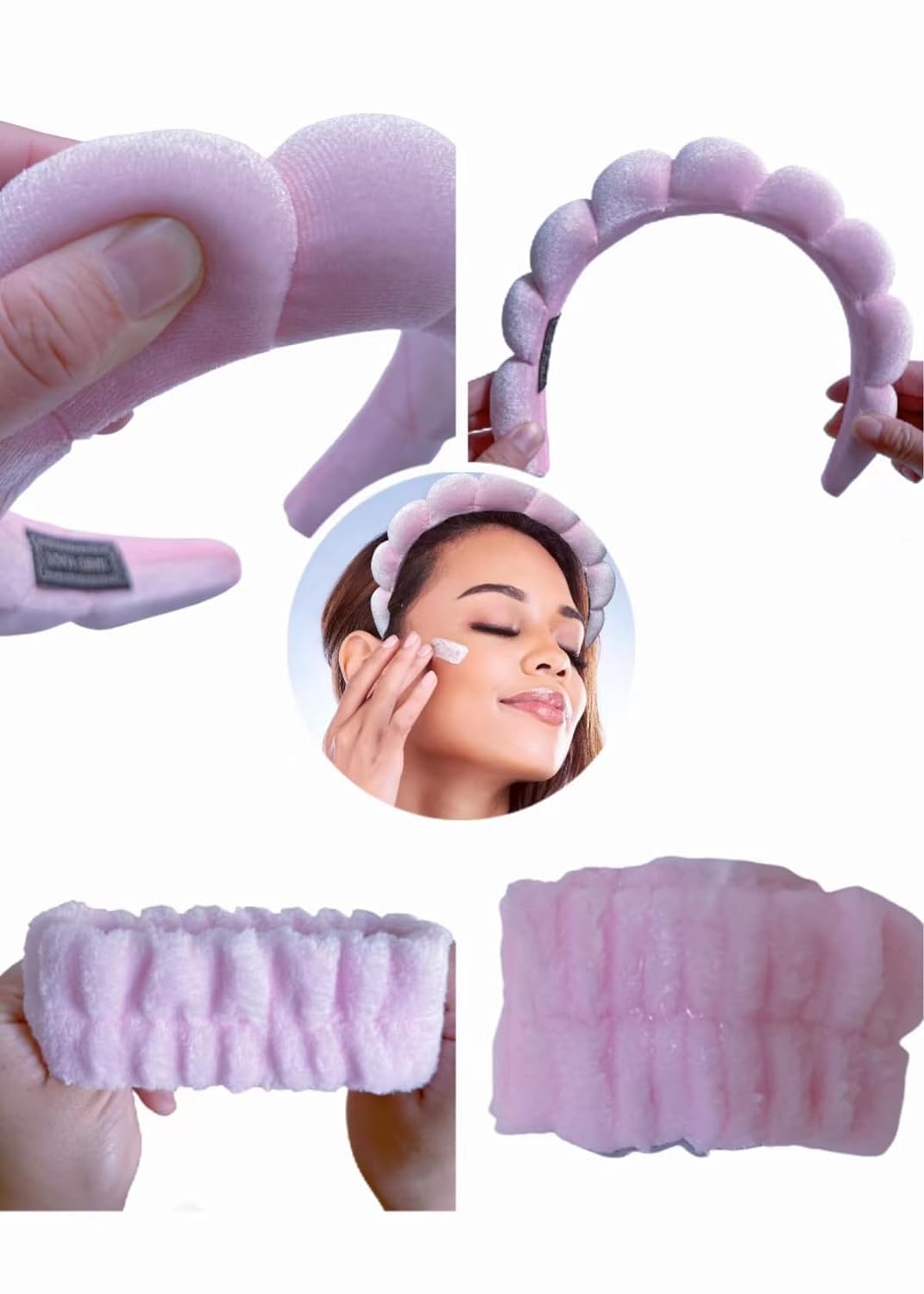 JCKD Spa-Stirnband Set – 2 Stück, Schwammstoff, Weich, Für Make-up, Gesichtswaschen, Yoga (schwarz/rosa)
