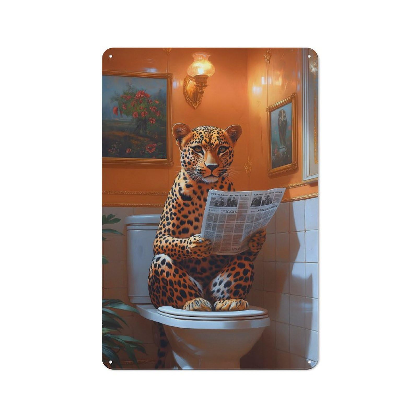 Junmoney Leopard Reading Newspaper Toilet Tin Wall Plaque 30X20cm With For Man Cave Or Games Room, For Garage, Workshop And Man Cave Decoration