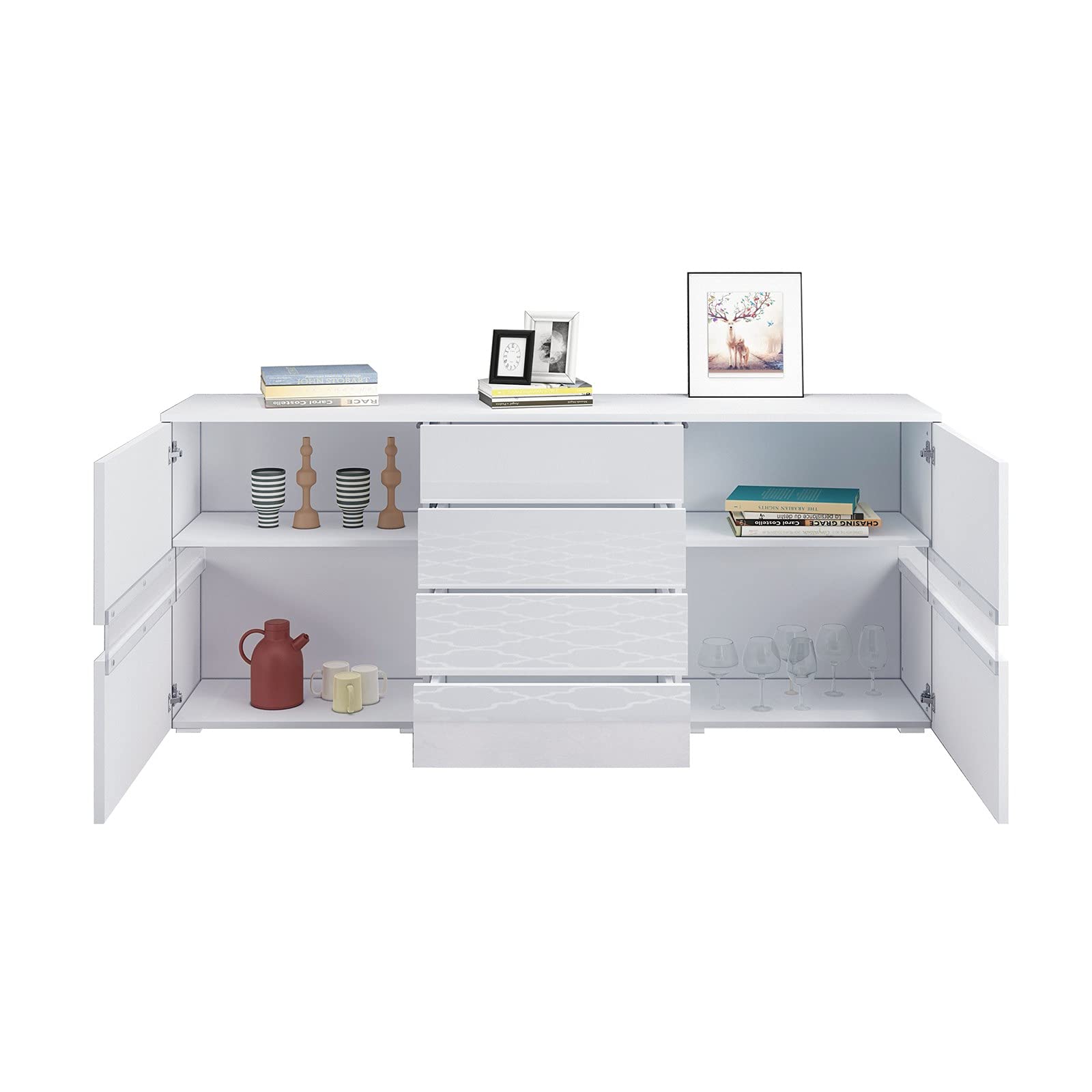 Modernes LED Sideboard Hochglanz Front TV Lowboard Aufbewahrungsschrank mit 2 Türen und 4 Schubladen Küchenschrank für Wohnzimmer Esszimmer Weiß 177 x 35 x 72cm