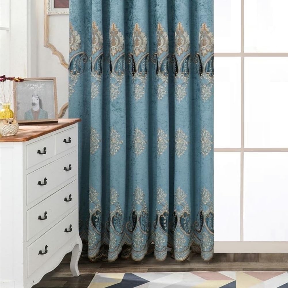 Blue Grey Embroidered Curtain Panel for Living Room 84 inch Length Grommet Top Custom Luxury Embroidery Chenille Cloth Window Shading, 1 Piece, 52x84 inch Long