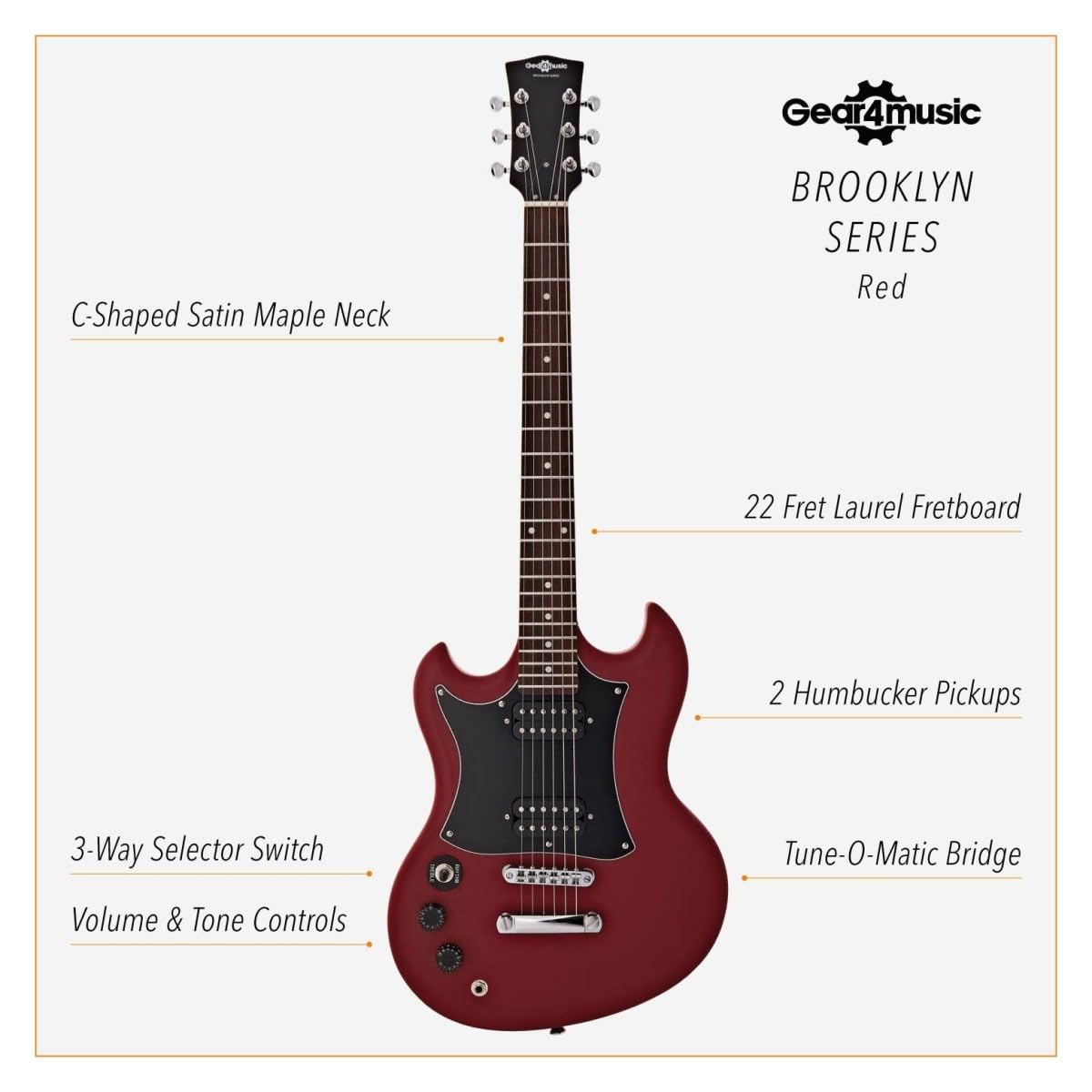Chitarra Elettrica Brooklyn per Mancini + Ampli 15W, Rossa | Ampli Portatile con EQ 2 Bande e Uscita Cuffie, Manico Comodo e Corpo Leggero, Set Completo di Accessori Incluso