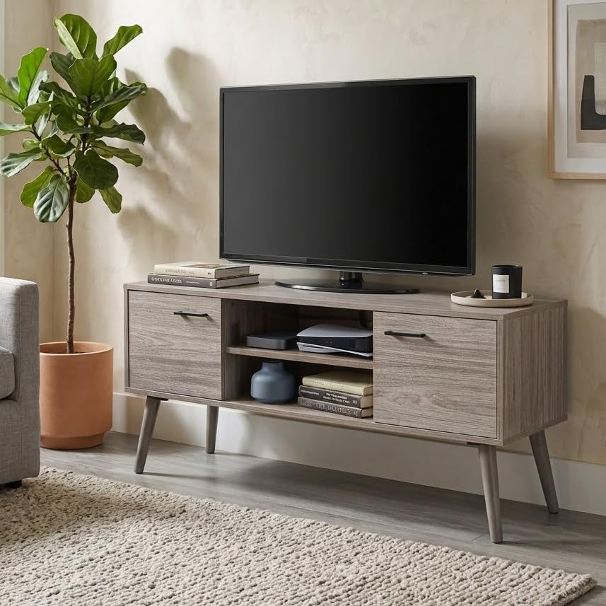 Image of Riva Engineered Wood TV Cabinet & Entertainment Unit | Modern TV Stand with 2 Storage Cabinets & Open Shelves | Solidwood Legs | Mid-Century Design | Ash Grey Finish