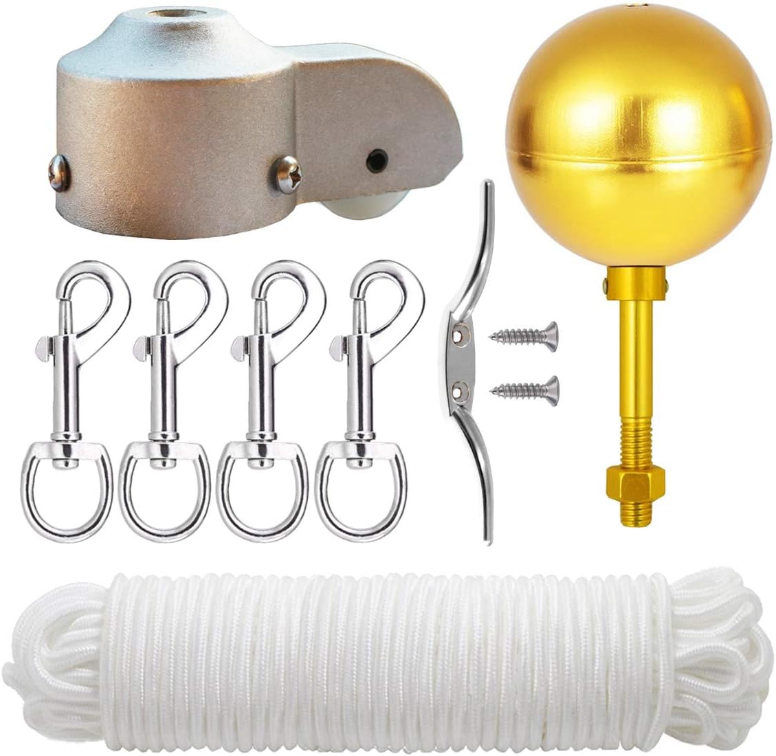 EKEV Flag Pole Hardware Parts Repair Kits - 3" Topper Gold Ball + 50 Ft Halyard Rope + 6" Cleat Hook + 4 Flag Swivel Snap Hooks + Flagpole Pulley Truck for 2" OD Tube