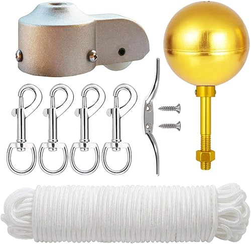 EKEV Kit de reparación de piezas de hardware para mástil de bandera, bola dorada de 3 pulgadas + cuerda de halyard de 50 pies + gancho para tacos de