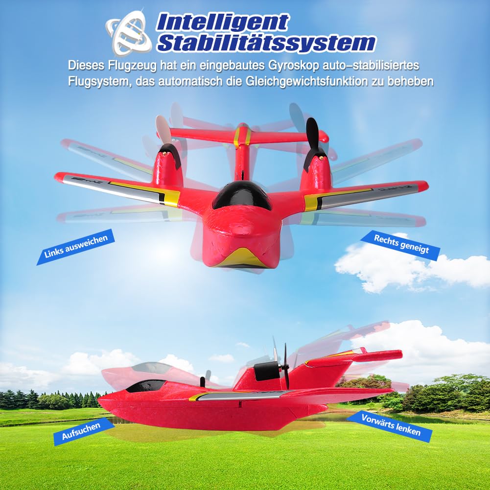 Fremego RC Flugzeug für Wasser, Land und Luft,2.4GHz Glider Ferngesteuertes Flugzeug mit 2 Batterien und Licht,2CH Kampfflugzeug Modell Spielzeug für Kinder Anfänger (Rot)