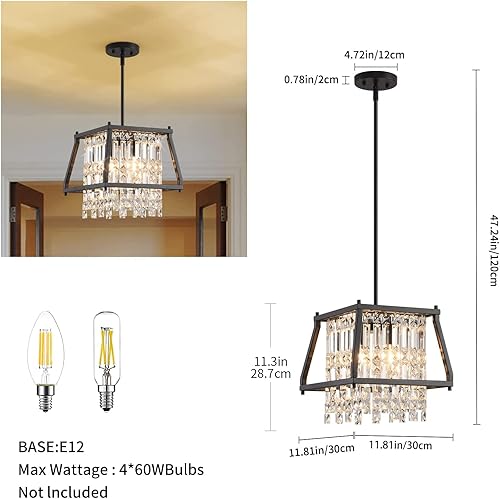 Miniatura 3 de LMQNINE Lámpara de araña de granja  Lámpara colgante de cristal de metal negro para cocina, comedor, sala de estar, techo plano e inclinado