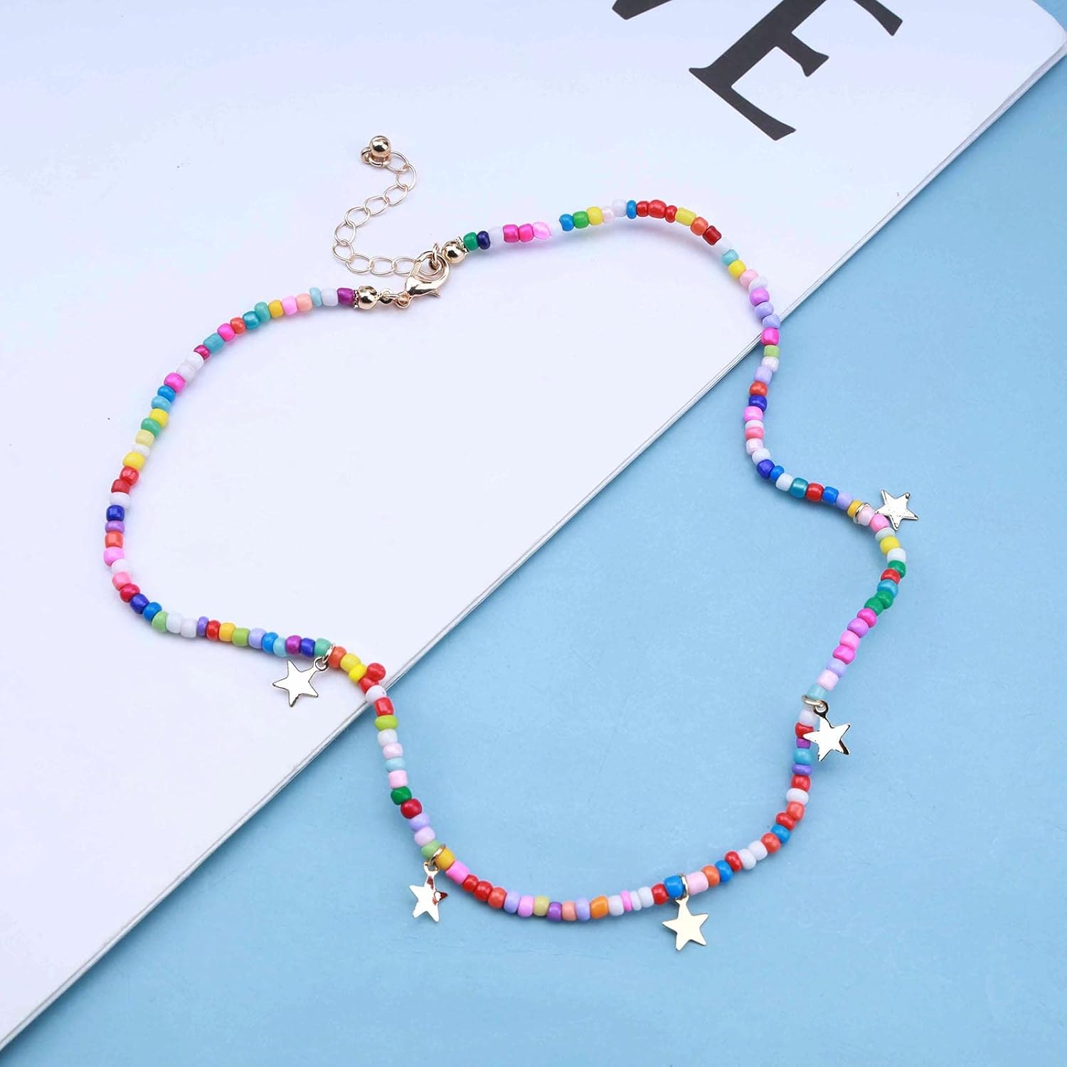 Boho Rainbow Beaded Choker Necklace Dangle Star Necklace Chain Beach Bead Choker Necklace Colorful Seed Bead Necklace Jewelry for Women - Image 2