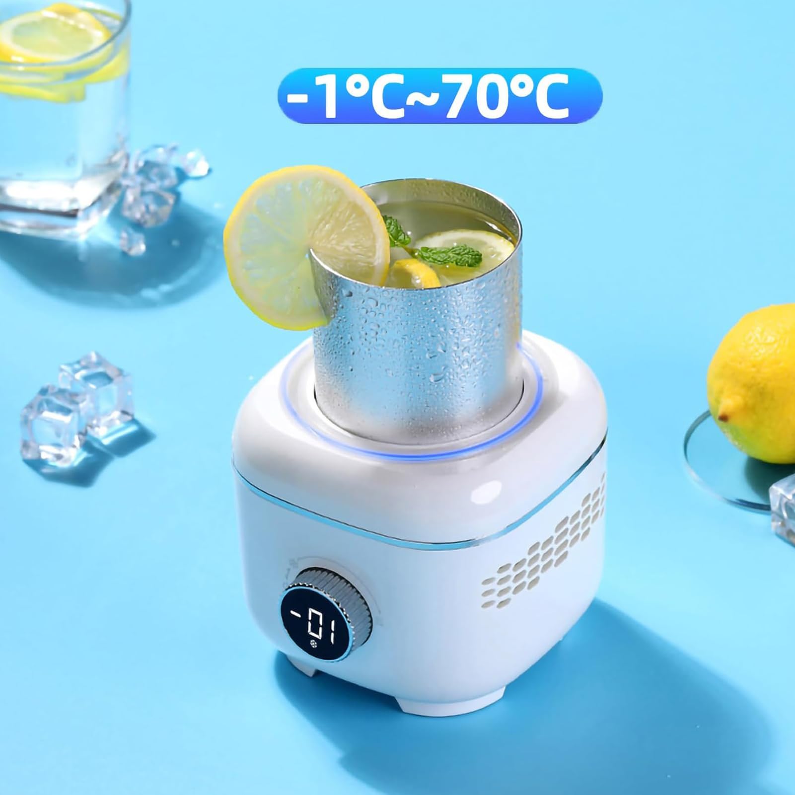 Tazza Refrigerante per Bevande, Tazza Elettrica Refrigerante da 300Ml con Copertura Isolante e Modalità Doppia Caldo e Freddo, Controllo della Temperatura con Manopola da -1 a 70°C, Display Digitale
