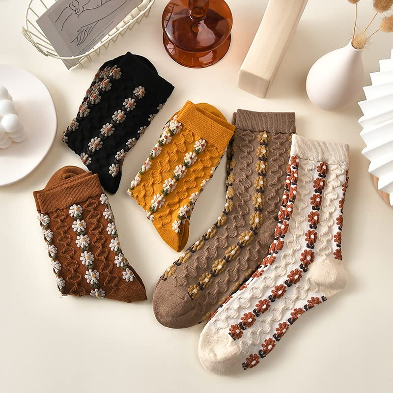 Tooe 5 Pairs Floral Socks Y2K Vintage Embroidered Patterned Crew Cotton Socks Ankle Ruffled Warm Knit Dress Socks4