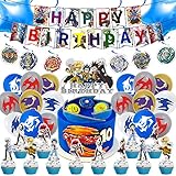 Bey-blade Party Supplies Birthday Party Decorations Favor Included Happy Birthday Banner, Cake Topper, Cupcake Topper, Balloons, Hanging Swirls Cartoon Party Pack for Boys and Girls