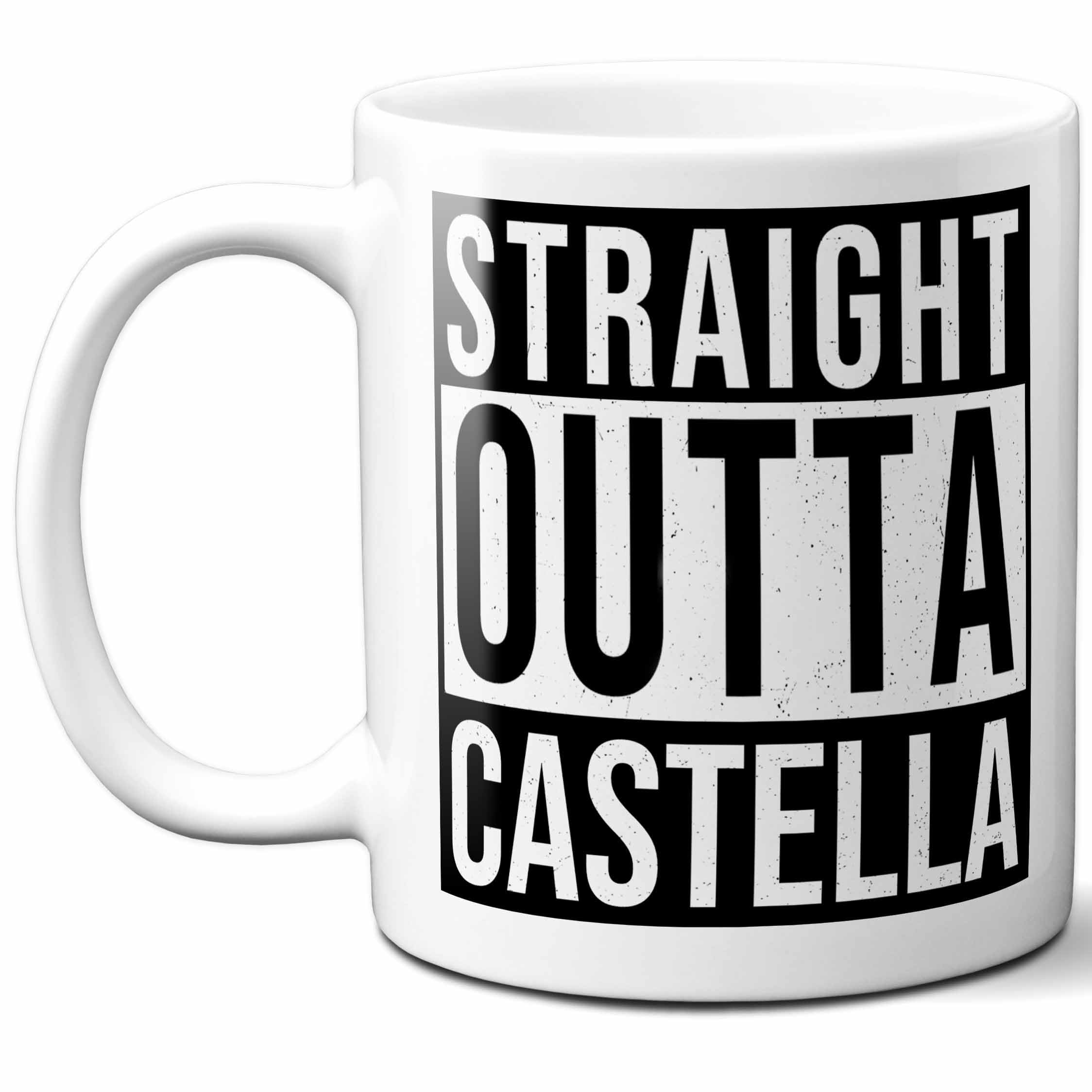 Castella Last Name Gift. Personalized, Custom "Straight Outta" Surname Sign Coffee Mug. 11 Ounces.