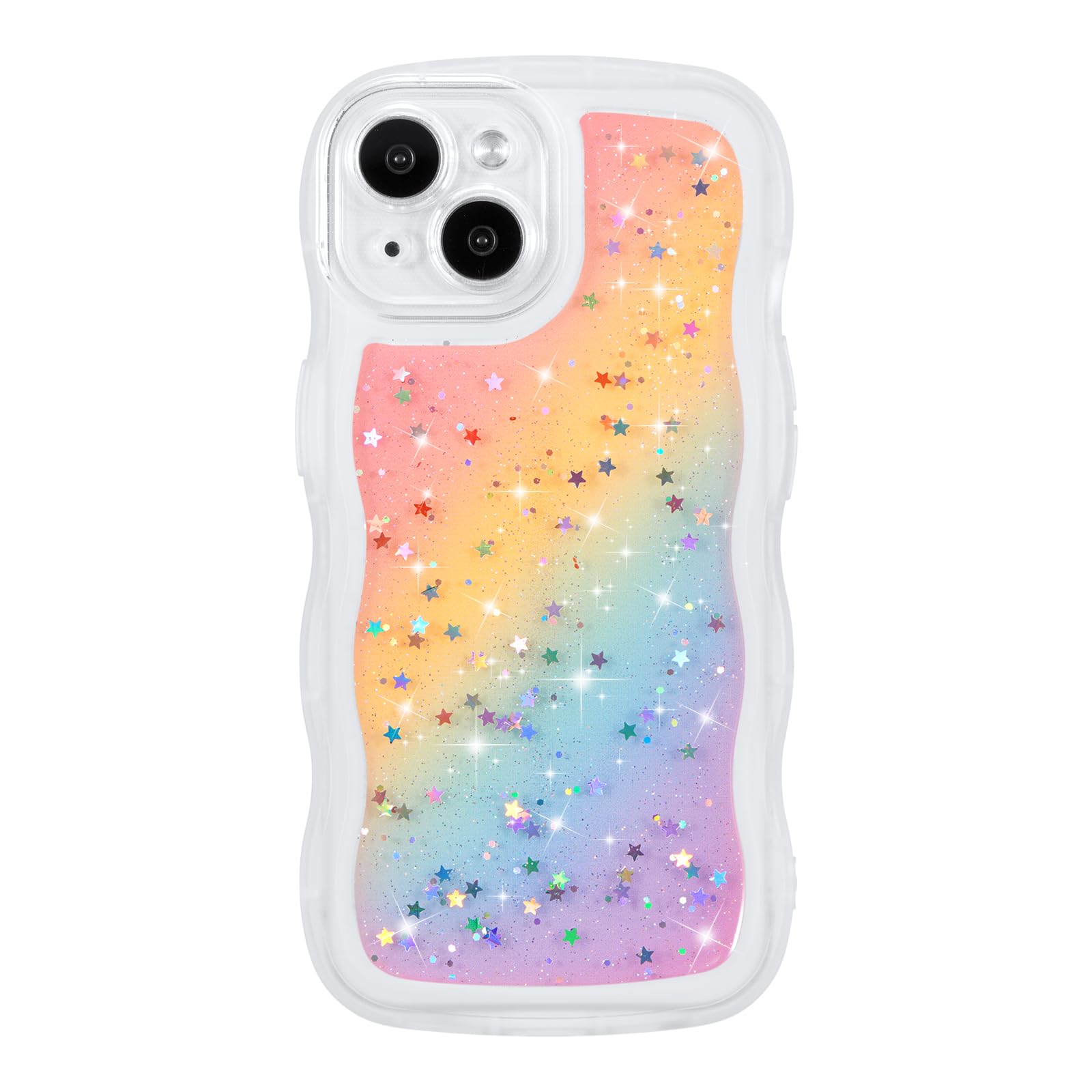 ZTOFERA for iPhone 13 Case 6.1",Cute Curly Wave Case with Glitter Rainbow Star,Clear Shiny Bling Soft TPU Shockproof Phone Protective Cover for iPhone