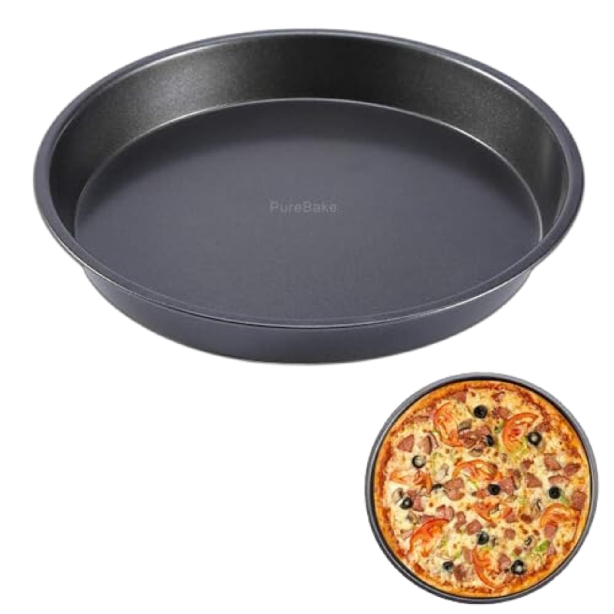 PureBake Premium SGS Certified 9 inch Pizza Pan Carbon Steel for Baking Pizza can be Used in Microwave and OTG Oven, Nonstick Kitchenware Baking Pan Round Pizza Pan Pizza Tray - Black