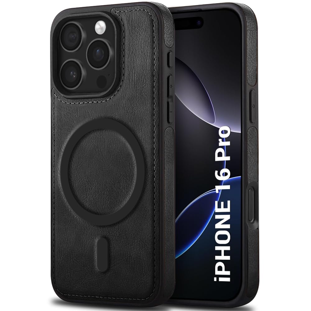 TheGiftKart Genuine Leather Finish Back Cover Case for iPhone 16 Pro | Shockproof Design | Raised Edges for Camera & Screen Protection | Stunning Minimalist Design Cover (MagSafe Compatible, Black)