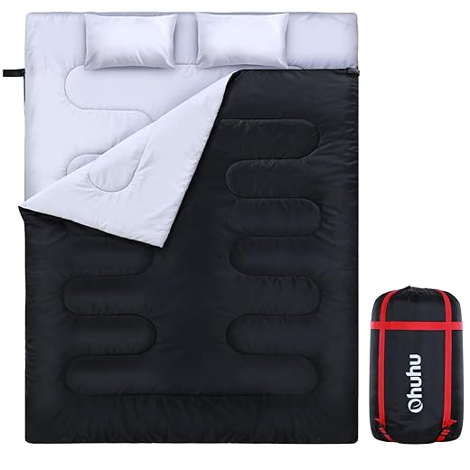 Ohuhu Sacco a Pelo Matrimoniale, 218x150cm Sacco a Pelo Matrimoniale Enorme con 2 Cuscini, Quattro Doppia Chiusura Lampo Temperatura Confortevole: 0 ° C ~ 10 ° C (3kg), -5 ° C~ 10 ° C(3.5kg)