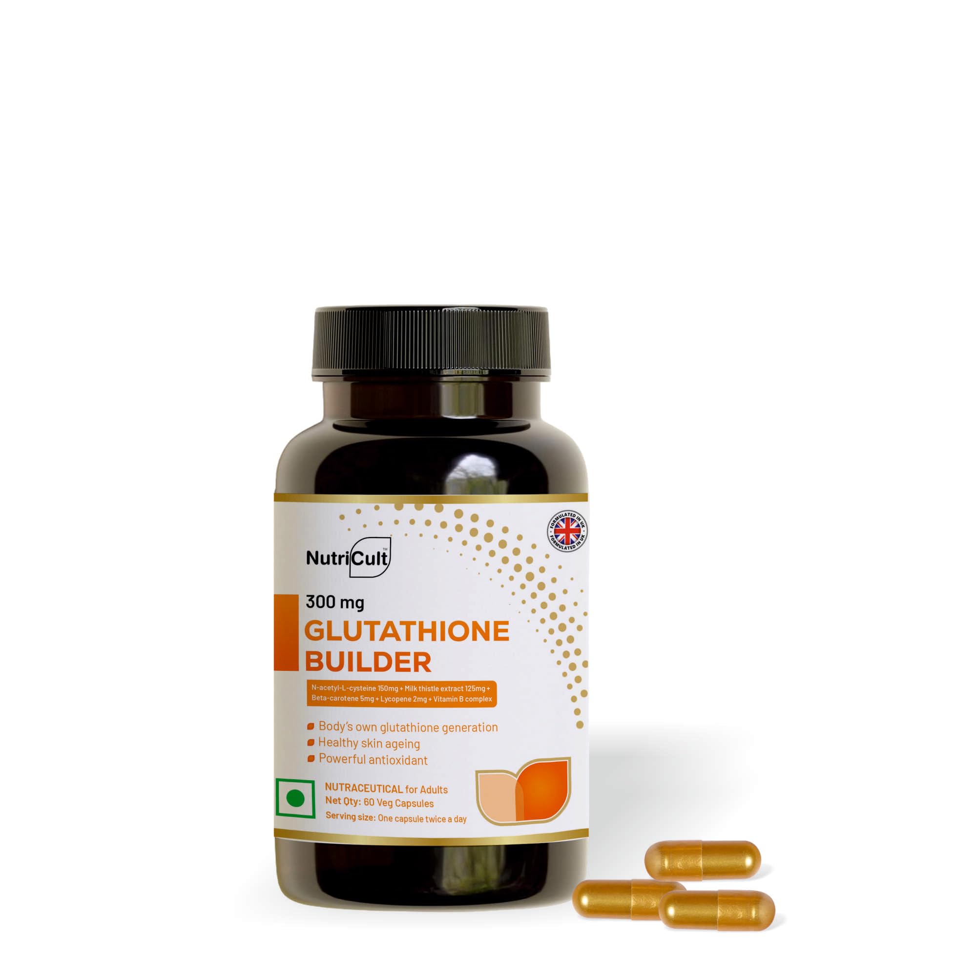 beta glutathione Nutricult Glutathione Builder Capsules – Glutathione Supplement with NAC,  Milk Thistle, Beta Carotene, B-Vitamins & Lycopene | For Skin Glow,  Antioxidant & Anti-Ageing Support